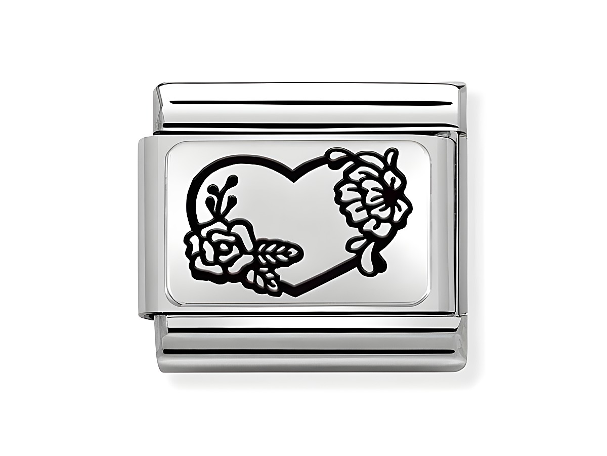 Edelstahl Charm von Nomination Classic Silber 330111 28 in Form eines Herzens mit floralem Muster, hochwertiges Sterling Silber mit elegantem Design.