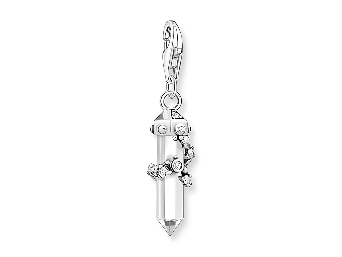 Charm-Anhänger von Thomas Sabo aus Sterling Silber mit einem milky Quarz und Zirkonia, mit einem eleganten Pendel-Design und einem Karabinerverschluss.