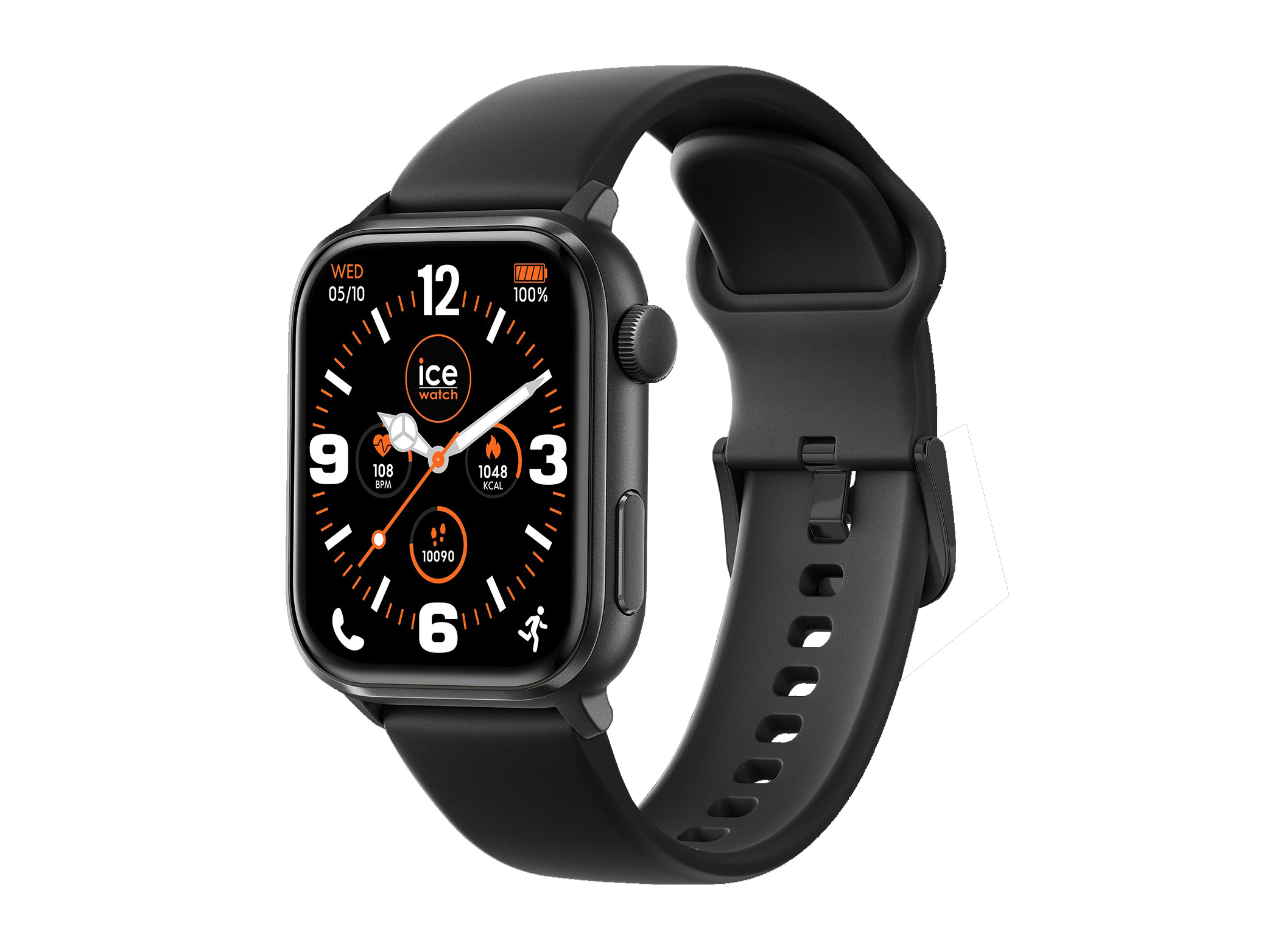 Die Ice Watch 024299 ICE smart 3.0 Smartwatch in Schwarz zeigt ein schwarzes Ziffernblatt mit orangen Akzenten, datums- und fitnessbezogene Informationen, ein modernes Design und ein schwarzes Silikonarmband.