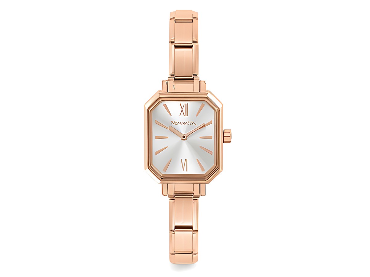 NOMINATION PARIS Armbanduhr mit silbernem Ziffernblatt und rosegoldenem Gehäuse, Modell aus der Time Collection, eleganter Stil mit oktagonalem Design und römischen Ziffern.