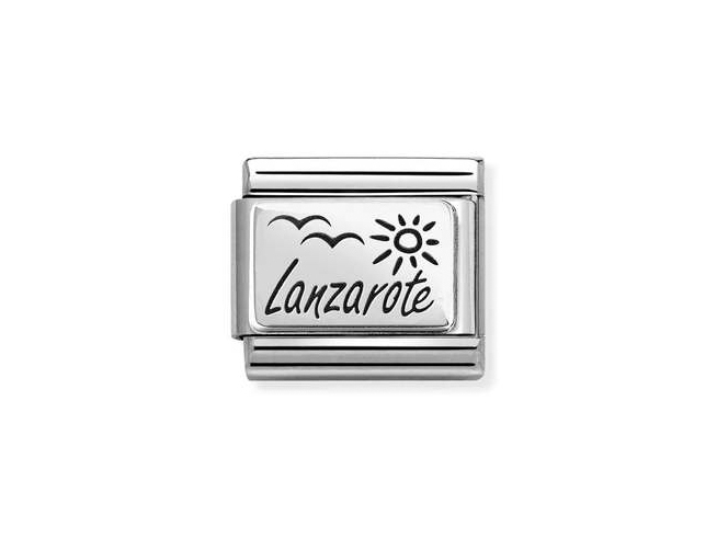 Sterling Silberverzierte Nomination 330111 48 CLASSIC PLATTEN mit eingraviertem Schriftzug Lanzarote, umgeben von Sonnen- und Wolkenmotiven, modernes Design für individuellen Schmuck.