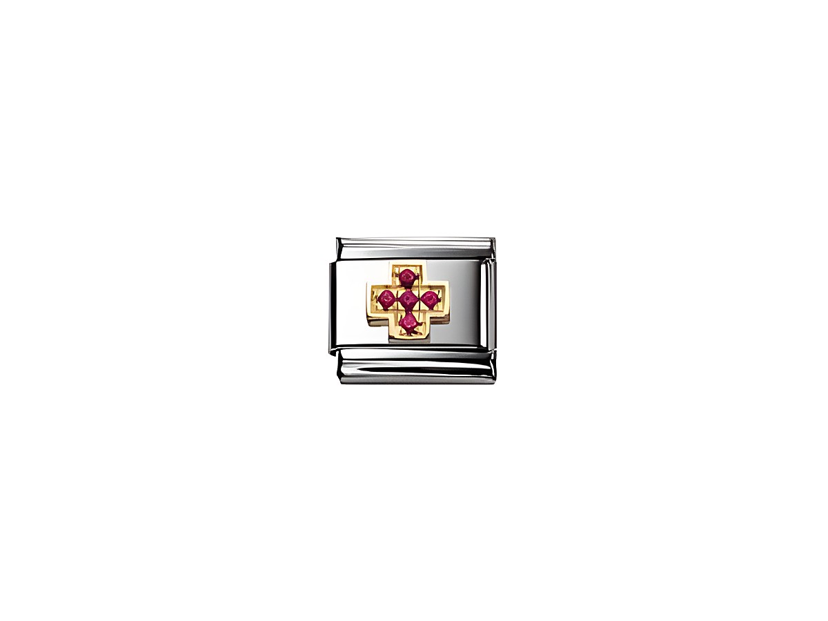 Zirkonia Kreuz in Rot auf einem silbernen Charm von Nomination, Modell Classic, verziert mit funkelnden Zirkonia-Steinen für einen eleganten Look.