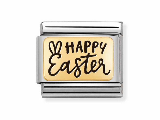 Ein Edelstahlarmband mit einer plattierten Oberfläche aus 750 Gelbgold, auf der die Worte Happy Easter in schwarzer Schrift sowie eine kleine Hasenohren-Dekoration zu sehen sind.