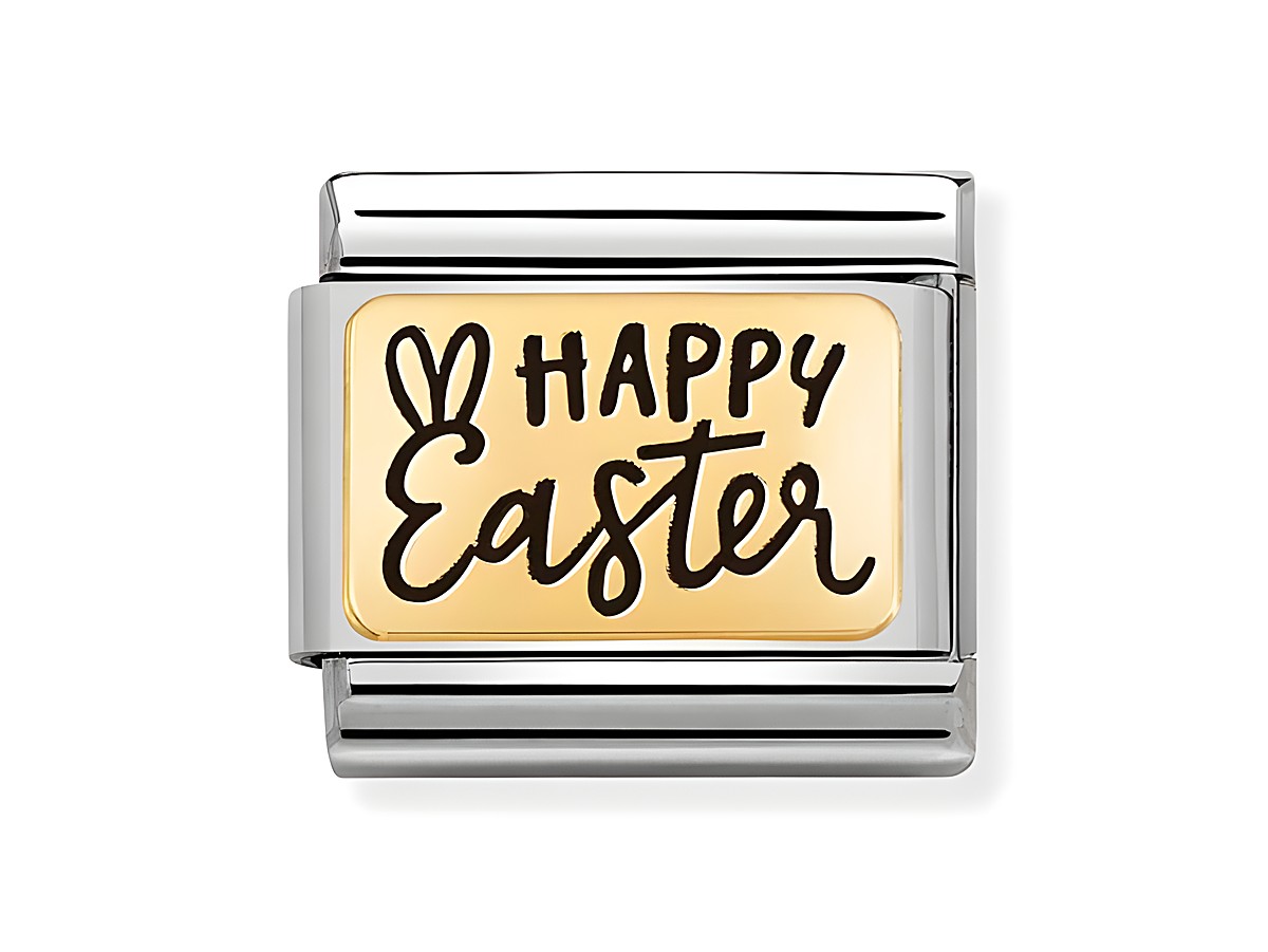 Ein Edelstahlarmband mit einer plattierten Oberfläche aus 750 Gelbgold, auf der die Worte Happy Easter in schwarzer Schrift sowie eine kleine Hasenohren-Dekoration zu sehen sind.