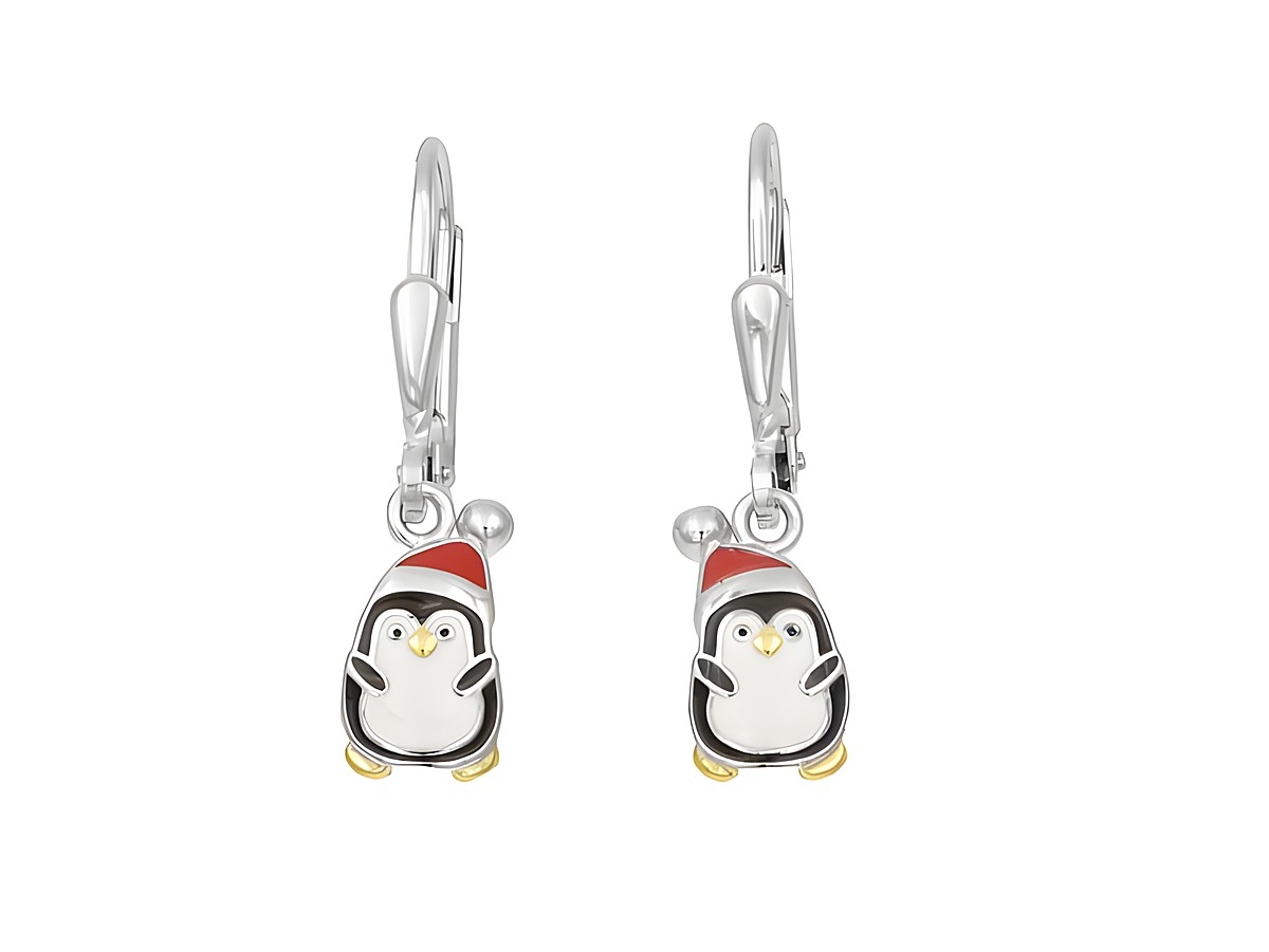 Ohrhänger Ohrringe Pinguin aus poliertem rhodiniertem Sterling Silber mit buntem Lack, ideal für Kinder, von Juwelier Harnisch, niedliches Design mit Weihnachtsmütze.