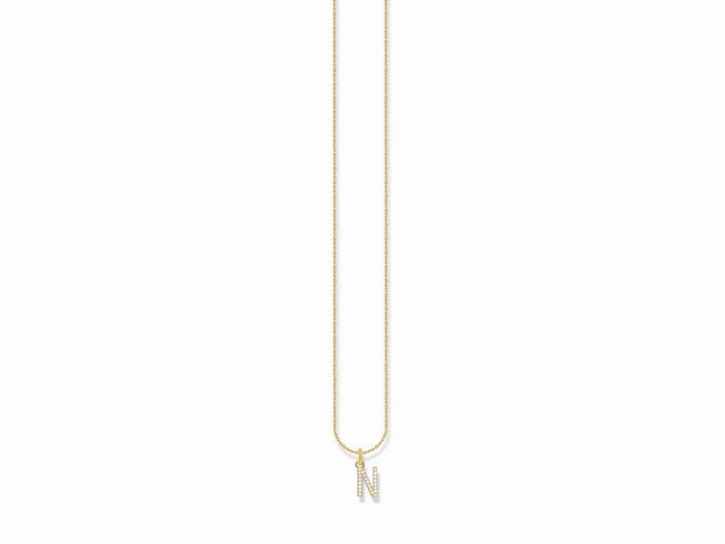 Kette von Thomas Sabo mit dem Buchstaben N aus Silber in Gelbgold vergoldet und Zirkonia in Weiß, verstellbar von 38 bis 45 cm.
