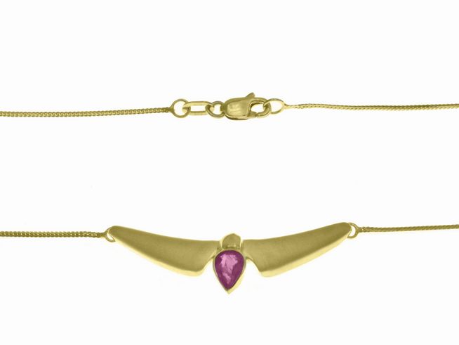 Collierkette mit Mittelteil aus 333 Gelbgold und Rubin, Länge 42 cm, Hersteller Juwelier Harnisch, elegantes Design mit einem markanten Rubin im Mittelpunkt.