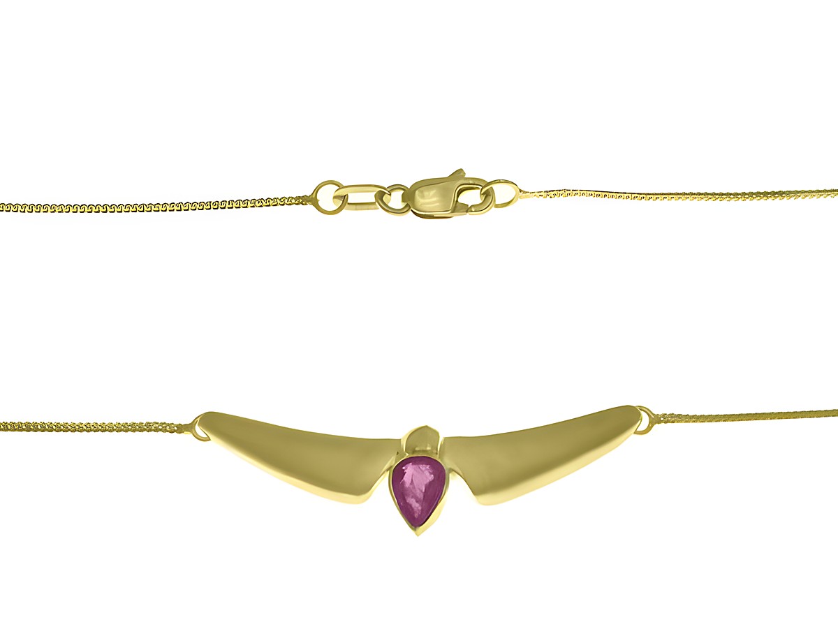 Collierkette mit Mittelteil aus 333 Gelbgold und Rubin, Länge 42 cm, Hersteller Juwelier Harnisch, elegantes Design mit einem markanten Rubin im Mittelpunkt.