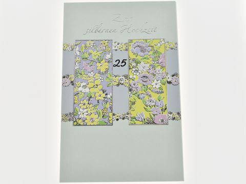Hochzeitskarte mit zarten Blumenranken in pastel Farben, dekorativ gestaltet für die silberne Hochzeit, Hersteller Juwelier Harnisch, ideal für besondere Anlässe.