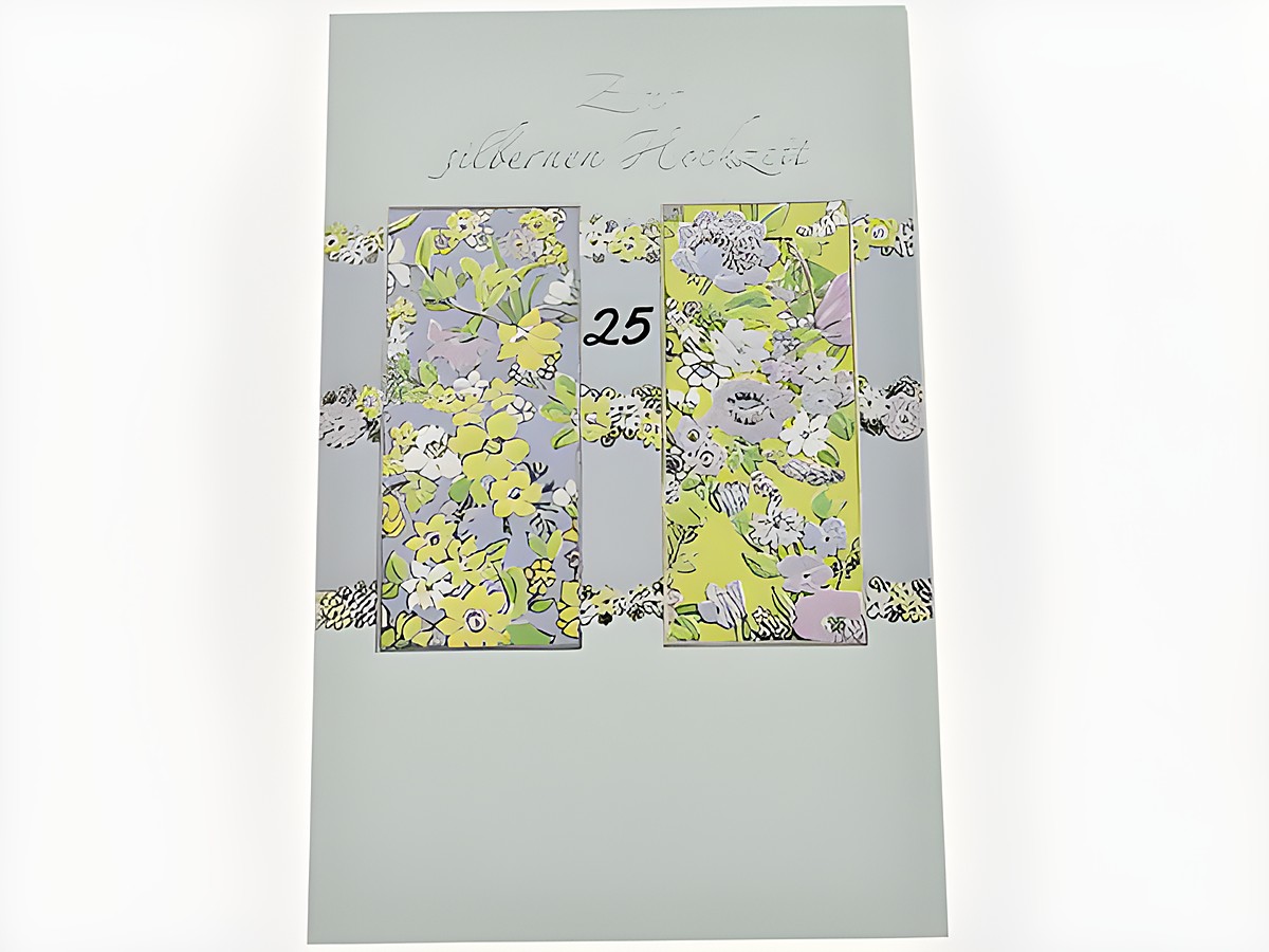 Hochzeitskarte mit zarten Blumenranken in pastel Farben, dekorativ gestaltet für die silberne Hochzeit, Hersteller Juwelier Harnisch, ideal für besondere Anlässe.
