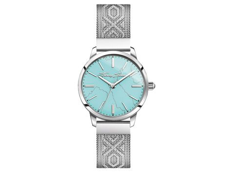Damenuhr von Thomas Sabo mit türkisem Ziffernblatt und silbernem Milanaise-Armband, elegant und modern, ideal für stilbewusste Frauen. Modell WA0343-201-215-33 mm.