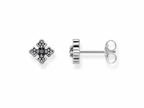 Ohrstecker von Thomas Sabo aus der Kollektion Rebel at Heart, in Form eines Kreuzes mit schwarzem Stein, gefertigt aus hochwertigem Silber, elegant und zeitlos.