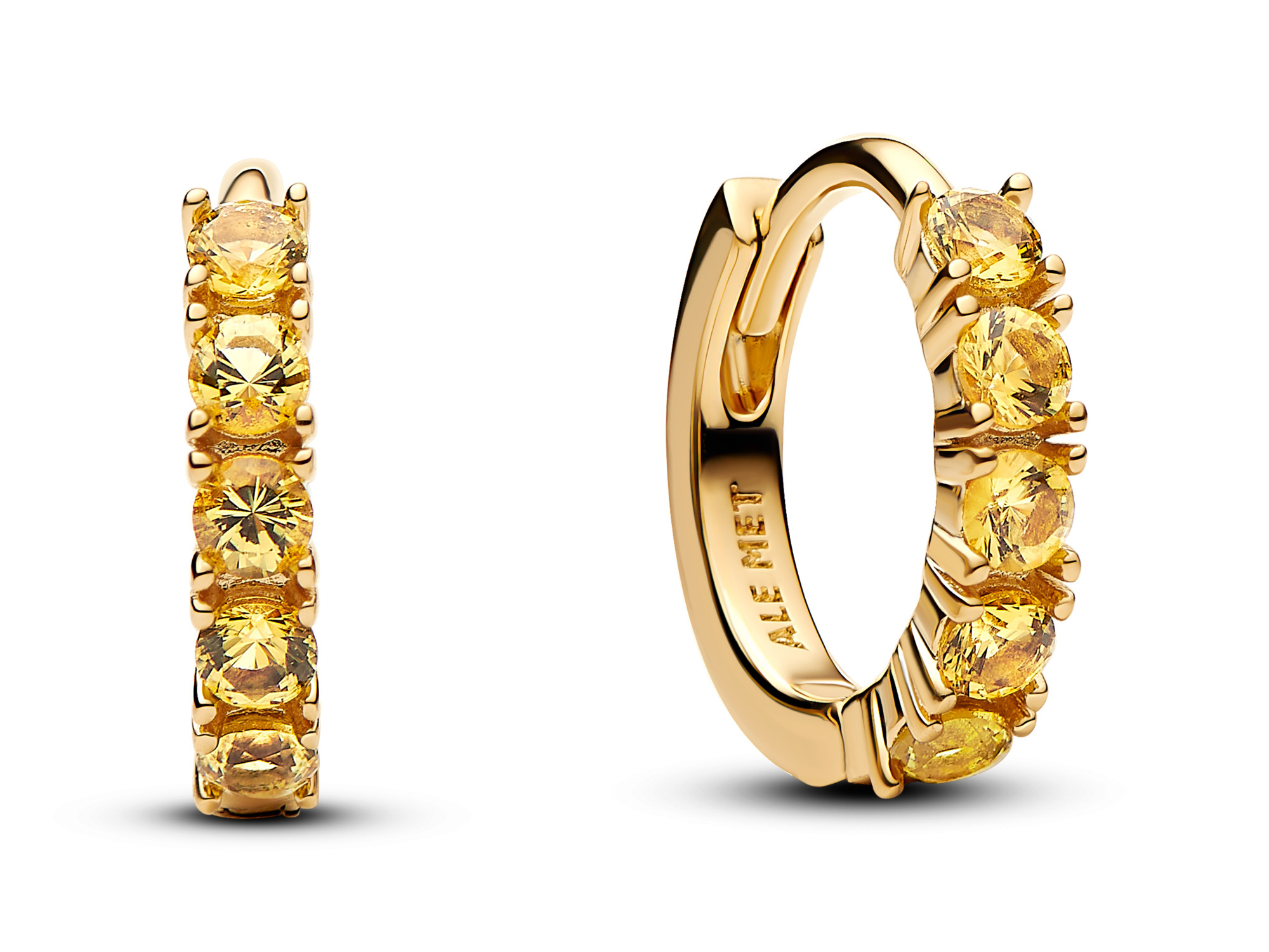 Huggie-Ohrring von Pandora in Gelbgold Vergoldung, verziert mit mehreren gelben Steinen, elegant und modern gestaltet, ideal für jeden Anlass. Neuheit im Onlineshop.