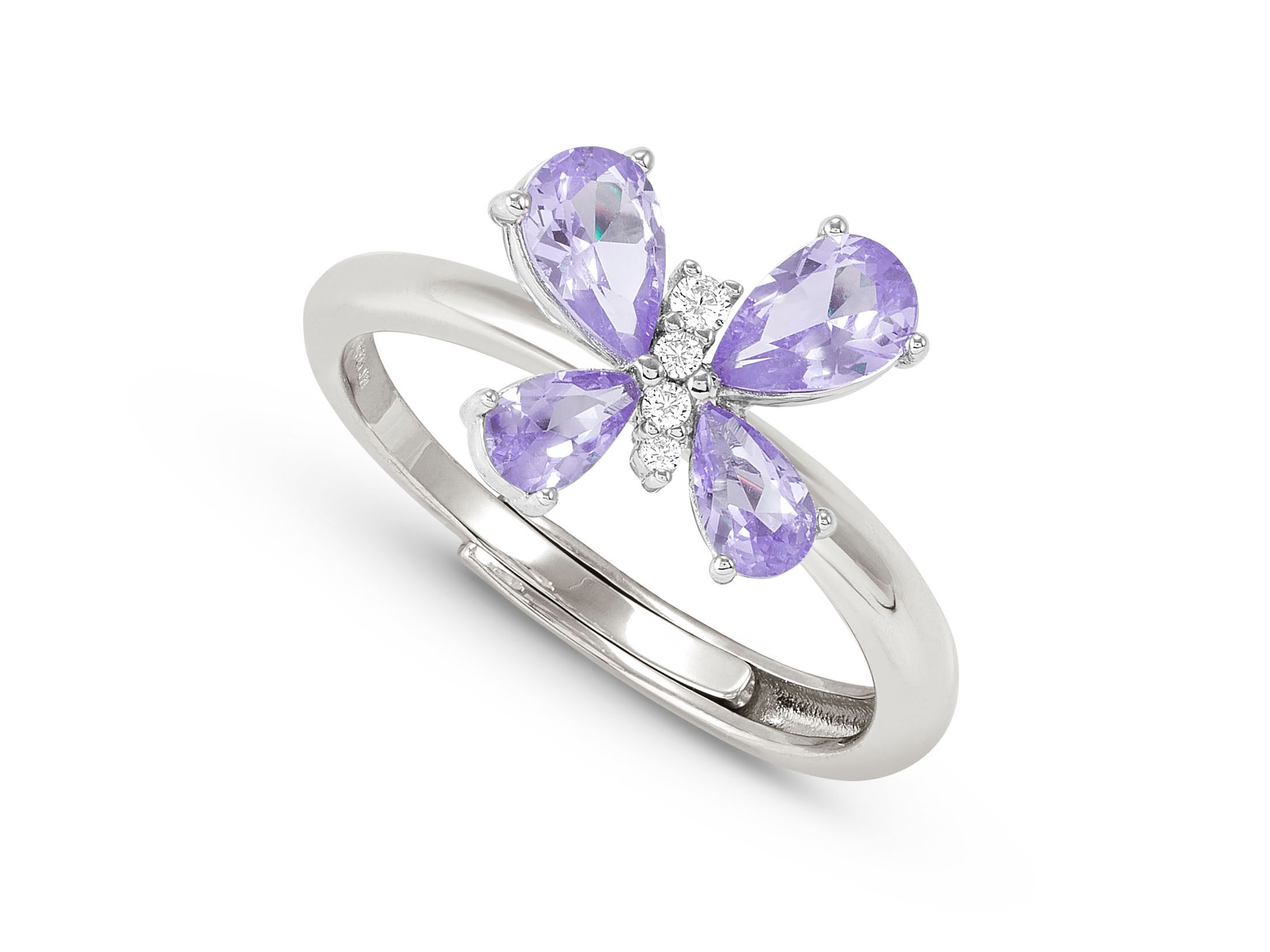 Sterling Silber Ring mit einem Schmetterling aus lila Zirkonia und weißen Zirkonia, ringförmiger Schmuck, verstellbar von Größe 51 bis 59, Hersteller Nomination, Neuheit.