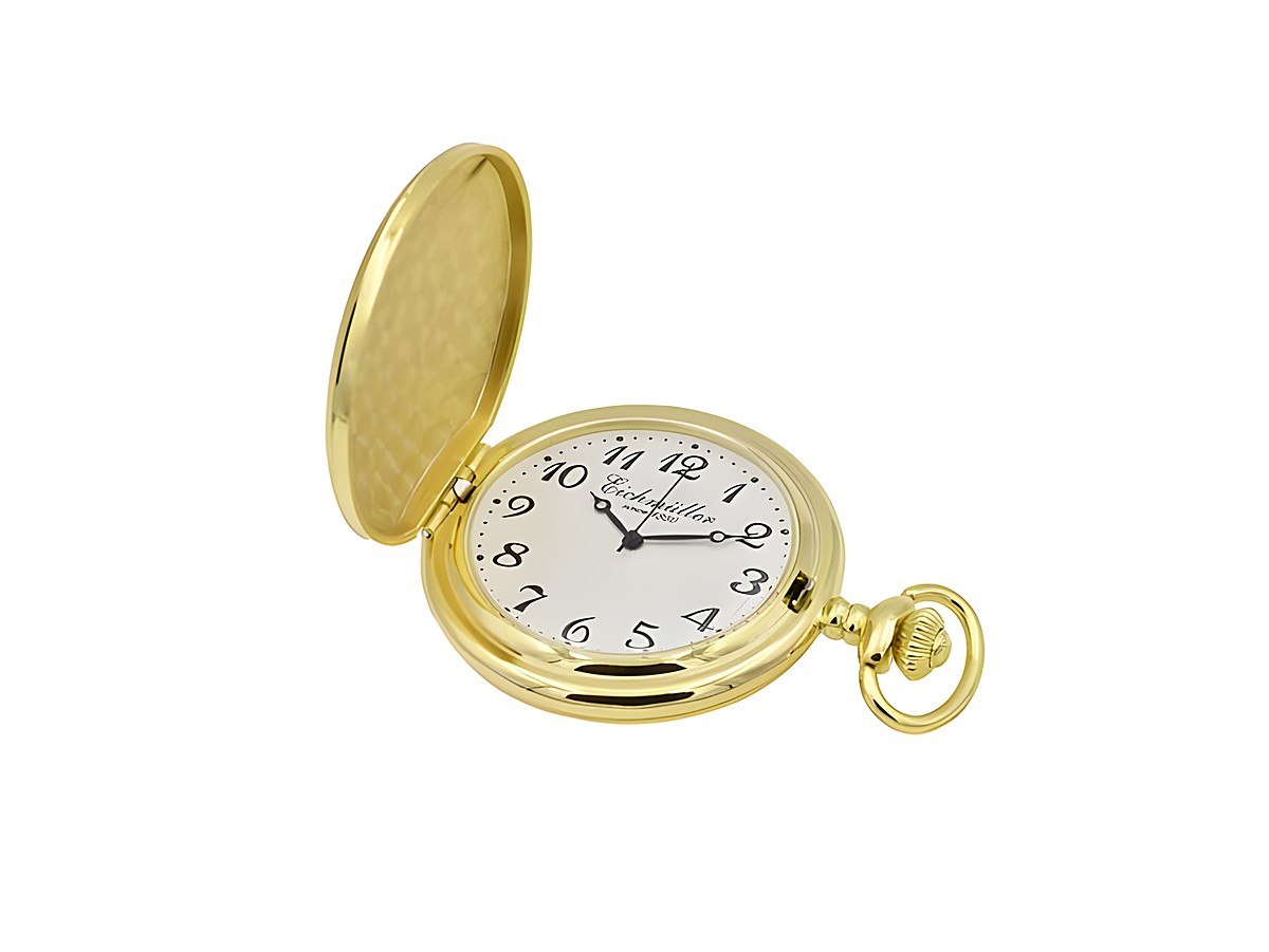Eichmüller Taschenuhr aus Edelstahl mit Deckel, vergoldet und poliert, Mineralglas, Durchmesser 6,5 cm, Hersteller Juwelier Harnisch, elegante Uhr mit klarer Ziffernblattgestaltung.