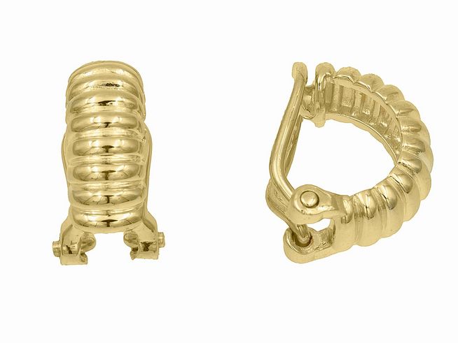Ohrclips in Streifen-Design aus Sterling Silber, vergoldet in poliertem Gelbgold, hergestellt von Juwelier Harnisch, elegant und zeitlos, perfekt für jeden Anlass.