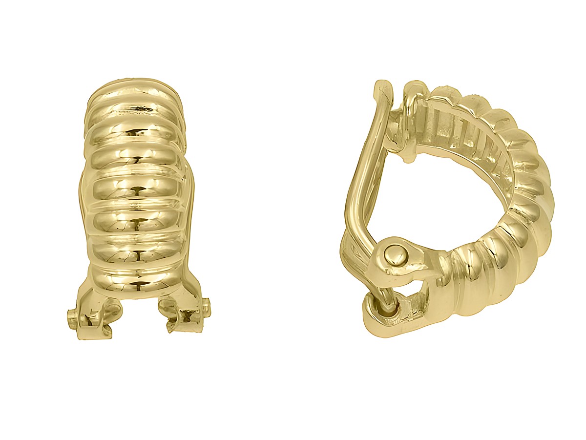 Ohrclips in Streifen-Design aus Sterling Silber, vergoldet in poliertem Gelbgold, hergestellt von Juwelier Harnisch, elegant und zeitlos, perfekt für jeden Anlass.