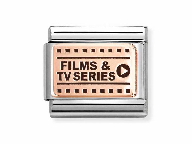 Ein elegantes Charm in Roségold mit der Aufschrift Films & TV Series, umgeben von filigranen Details, perfekt für Liebhaber von Film und Fernsehen. Entwickelt von Nomination.