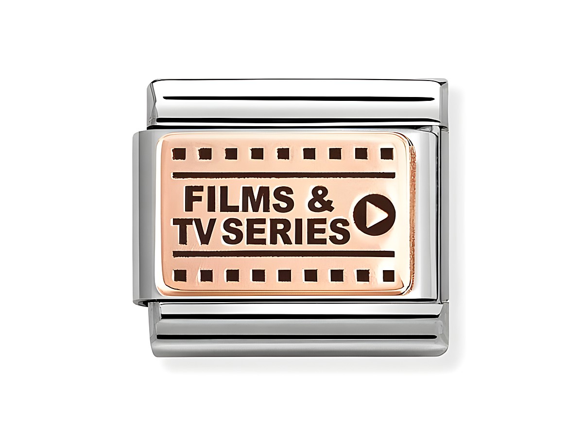 Ein elegantes Charm in Roségold mit der Aufschrift Films & TV Series, umgeben von filigranen Details, perfekt für Liebhaber von Film und Fernsehen. Entwickelt von Nomination.