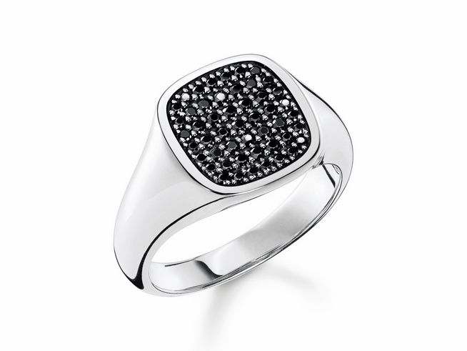 Herrenring von Thomas Sabo aus Sterling Silber mit Zirkonia-Spiegel. Ringgröße 62, modernes quadratisches Design mit glänzender Oberfläche und funkelnden schwarzen Zirkonia.