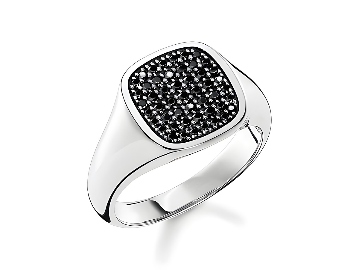 Herrenring von Thomas Sabo aus Sterling Silber mit Zirkonia-Spiegel. Ringgröße 62, modernes quadratisches Design mit glänzender Oberfläche und funkelnden schwarzen Zirkonia.