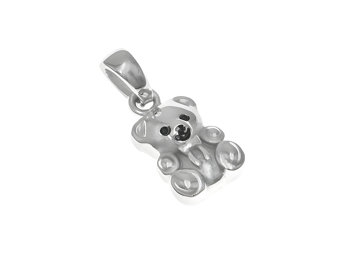 Niedlicher silber rhodinierter Teddybär Anhänger aus Lack, ideal für Kinder, hergestellt von Juwelier Harnisch, perfekt als Schmuckstück oder Geschenk.