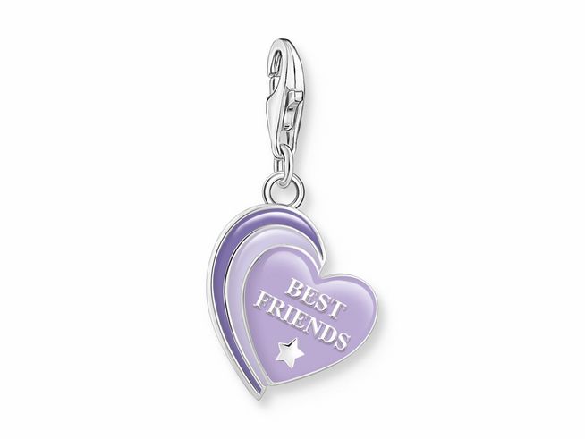 56972600-0 Doppel Charm-Anhänger von Thomas Sabo in Silber mit kaltem Email in Violett, geformt als Herz mit der Aufschrift Best Friends und einem kleinen Stern.