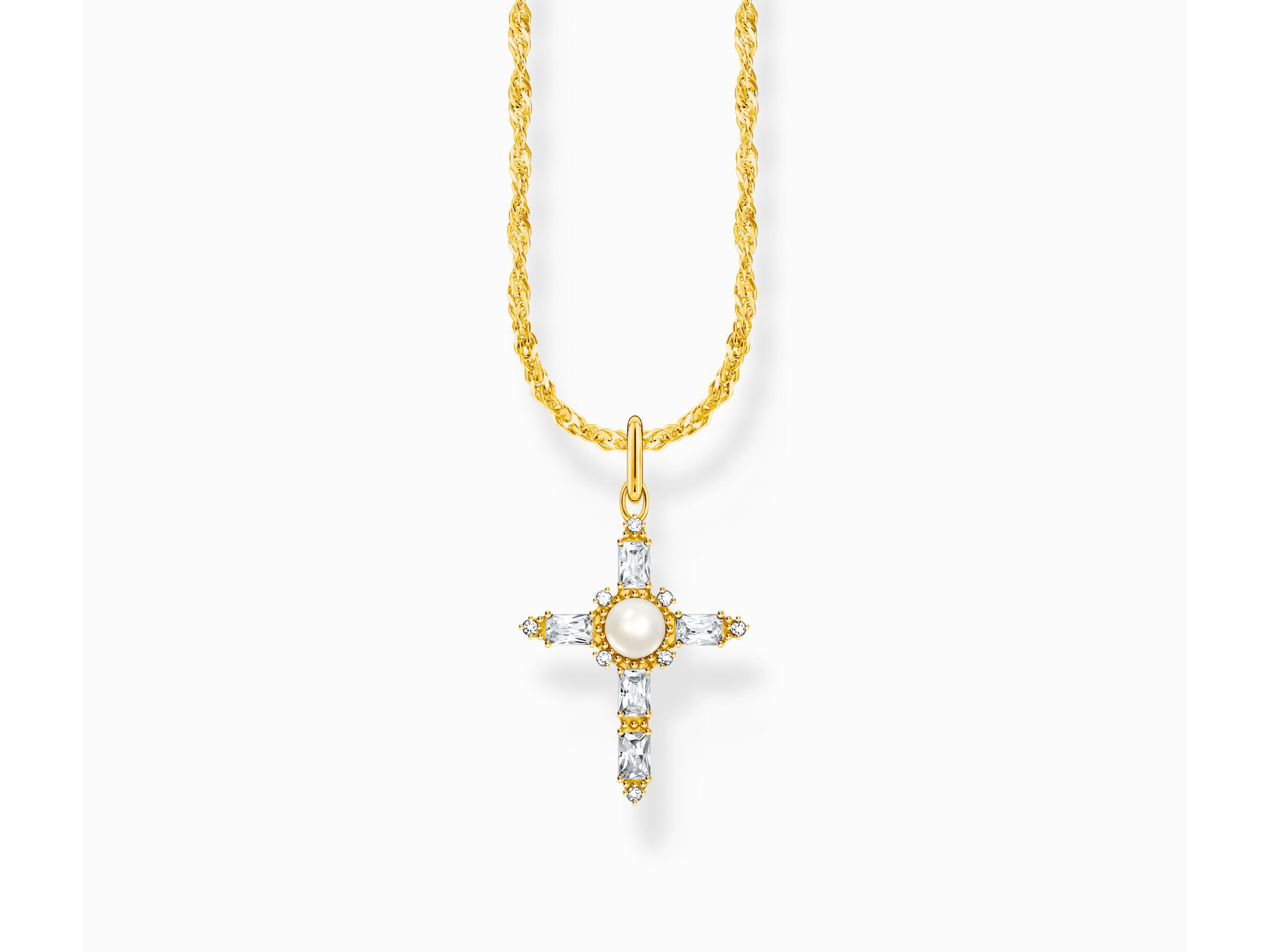 Hochwertige Thomas Sabo True Romance Kette aus Silber mit 750er Vergoldung, verziert mit einer Süßwasserzuchtperle und funkelnden Steinen, in der Länge von 40 bis 45 cm.