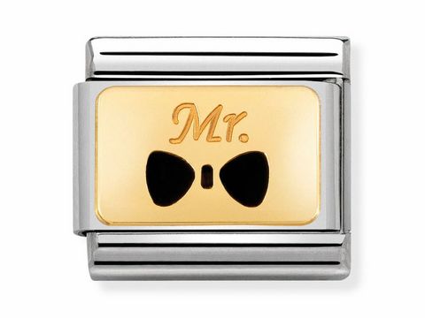Mr mit schwarzer Fliege Plättchen von Nomination, aus Edelstahl und Gold mit geschmackvollem Design, passend für Composable Classic Armbänder, elegantes Accessoire für jeden Anlass.