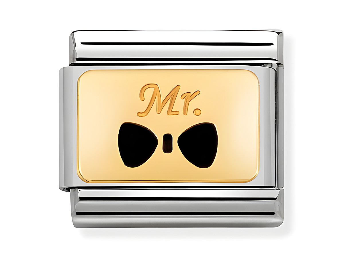 Mr mit schwarzer Fliege Plättchen von Nomination, aus Edelstahl und Gold mit geschmackvollem Design, passend für Composable Classic Armbänder, elegantes Accessoire für jeden Anlass.