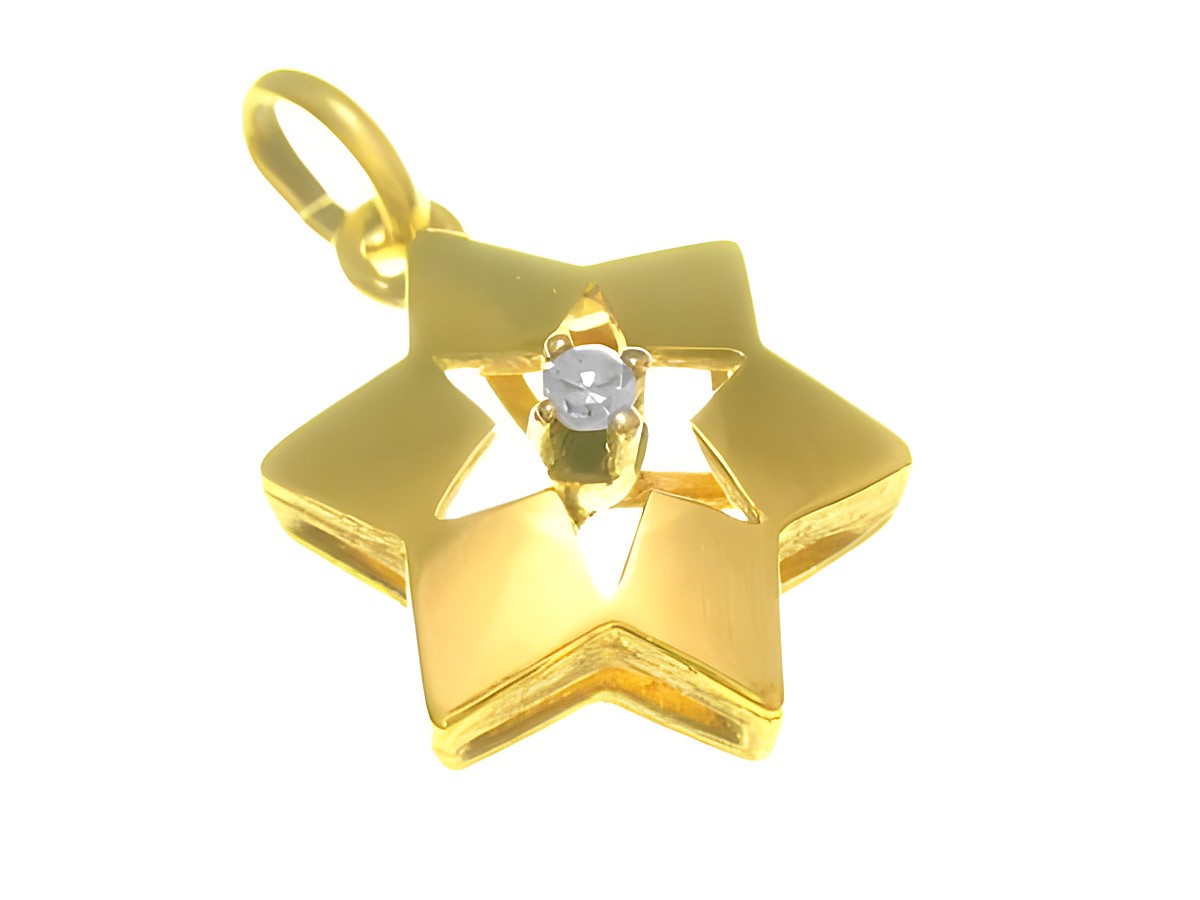 Gold Anhänger in Form eines Sterns mit einem polierten Finish und einem Diamanten von 0,03 ct in der Mitte, Hersteller Juwelier Harnisch, Diamanten und Brillianten.