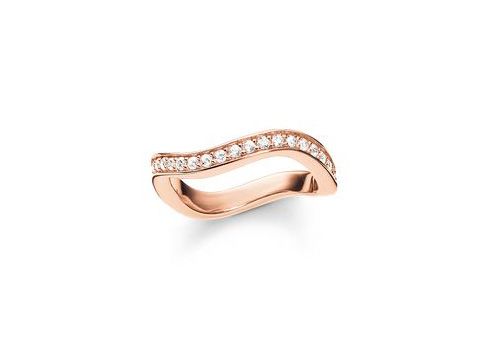 Midi Ring von Thomas Sabo aus Sterling Silber, vergoldet in Roségold, mit Zirkonia Steinchen, Größe 44. Der Ring hat eine geschwungene Form und glitzert durch die Zirkonia.