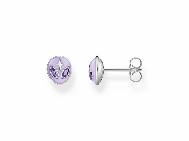 Zwei Ohrstecker von Thomas Sabo in Silber mit violettem Emaille und Zirkonia. Die steckerartigen Ohrstecker haben ein einzigartiges Alien-Design und leuchtende Details.