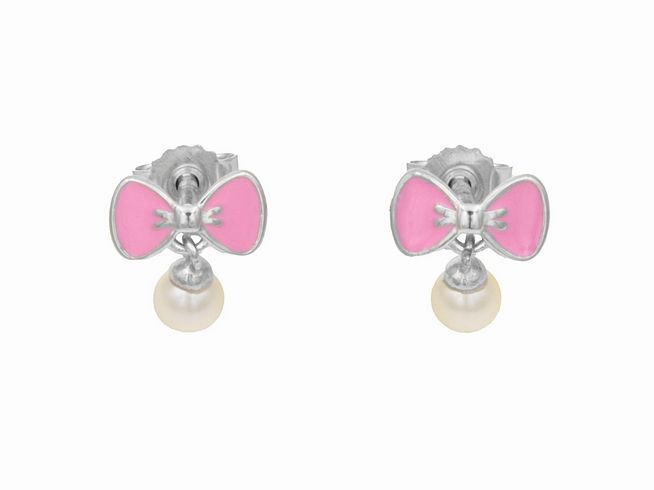 Ohrstecker in Form einer rosa Schleife mit einer Süßwasserperle, gefertigt aus rhodiniertem Sterling Silber, für Kinder, Hersteller Juwelier Harnisch.