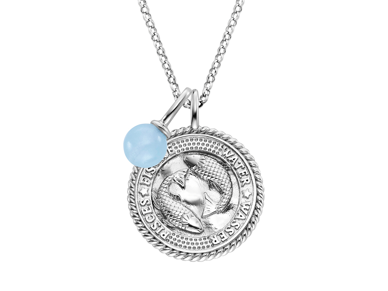 Kette mit Anhänger für das Sternzeichen Fische aus Silber rhodiniert, verziert mit blauen Achat und Zirkonia, Durchmesser des Anhängers ungefähre 3 cm, Kettenlänge 42 cm.