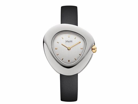 200073-0 M&M DAMENUHR M11924-462 PEBBLES mit silbernem Gehäuse und schwarzem Lederband, minimalistisches Ziffernblatt mit goldenen Akzenten, eleganter und modischer Zeitmesser für Damen.