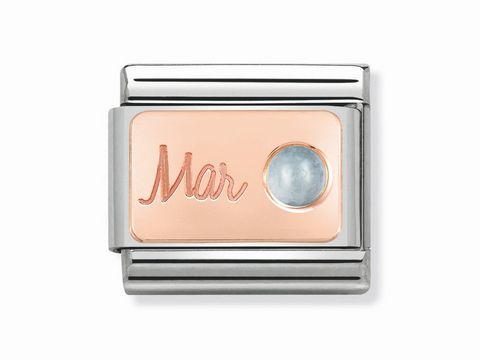 Nomination Classic Monatsstein März Aquamarin in Rosé und Silber, mit der gravierten Monatsbezeichnung Mar und einem blauen Stein in der Mitte, stilvolles Accessoire für Schmuckliebhaber.