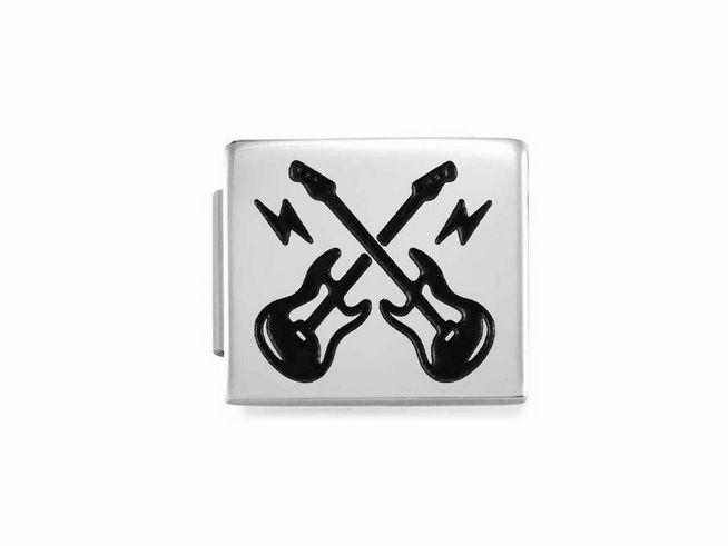 Edelstahl Charm mit zwei sich kreuzenden E-Gitarren und Blitzen, hergestellt von Nomination, Teil der GLAM SYMBOLE Kollektion, geeignet für Musikliebhaber.