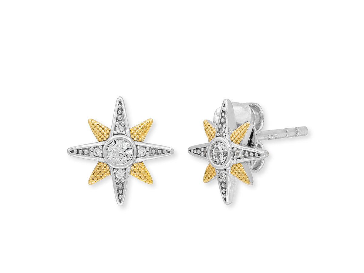 Bicolor Ohrringe in Form eines Sterns mit Zirkonia, kombiniert aus gelbgold vergoldetem Silber und silberner Oberfläche, von Engelsrufer, Modell ERE-NEWSTAR-ZI-BI-ST NEWSTAR.