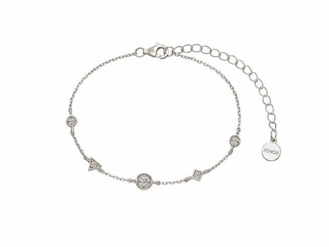 Xenox Sterling Silber Armband XS2222 von 15-20 cm mit UNIVERSE Kareekette, elegante designt mit verschiedenen geometrischen Anhängern und einem Markenanhänger.