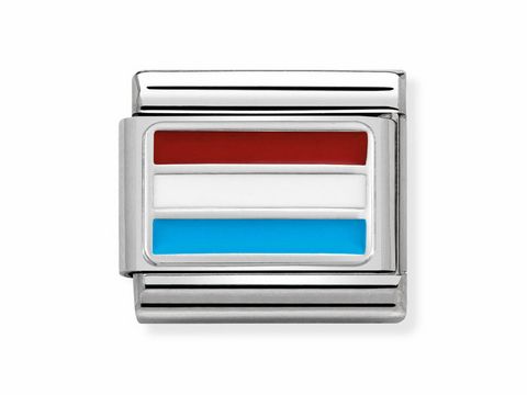 Die Flagge Luxemburgs in den Farben rot, weiß und blau als charmante Komponente von Nomination im Composable Classic Design. Ideal für individuelle Armbänder und Schmuckkollektionen.