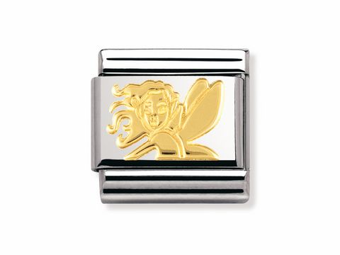Ein silberner Charm mit einem goldenen Elfengesicht, das fröhlich lächelt und Flügel hat, ideal für die Schmuckkollektion Märchen Gold von Nomination.