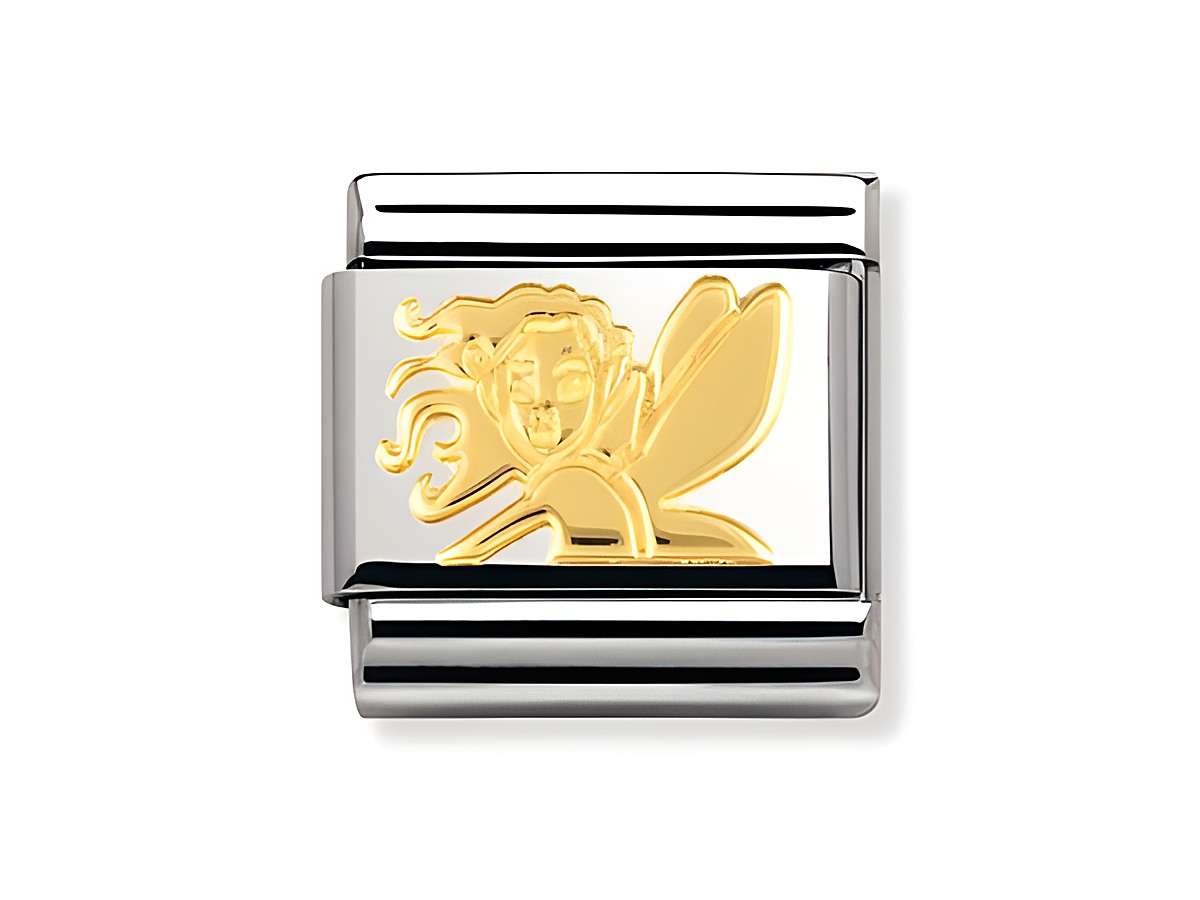 Ein silberner Charm mit einem goldenen Elfengesicht, das fröhlich lächelt und Flügel hat, ideal für die Schmuckkollektion Märchen Gold von Nomination.