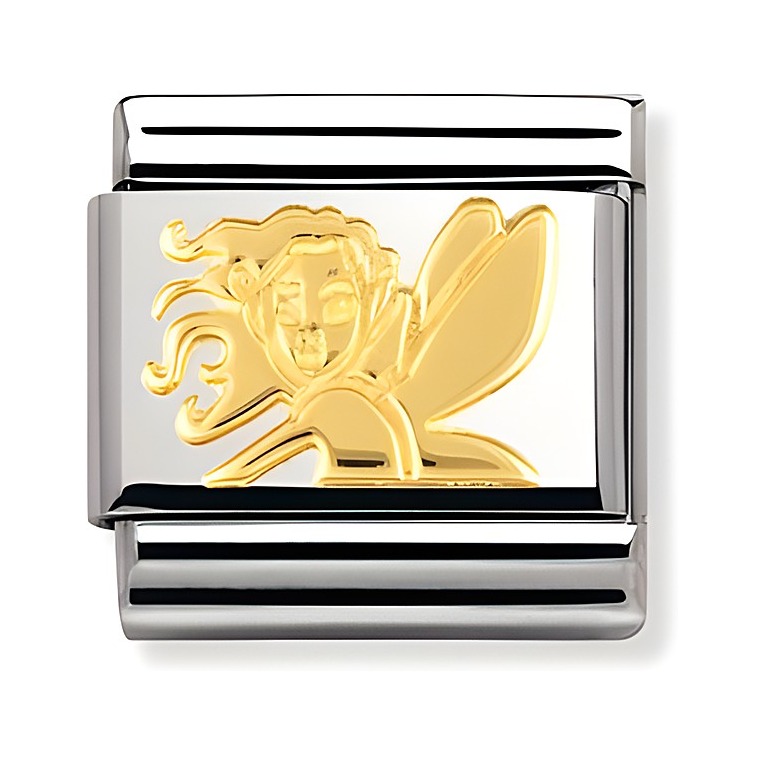 Ein silberner Charm mit einem goldenen Elfengesicht, das fröhlich lächelt und Flügel hat, ideal für die Schmuckkollektion Märchen Gold von Nomination.
