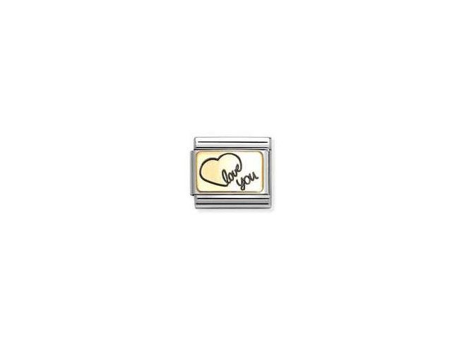 Nomination 030284 60 Classic Herz Love You in Gelbgold und Edelstahl mit emaillierter Herzgrafik und Schriftzug love you, vielseitig einsetzbar für Charms oder Schmuckstücke.
