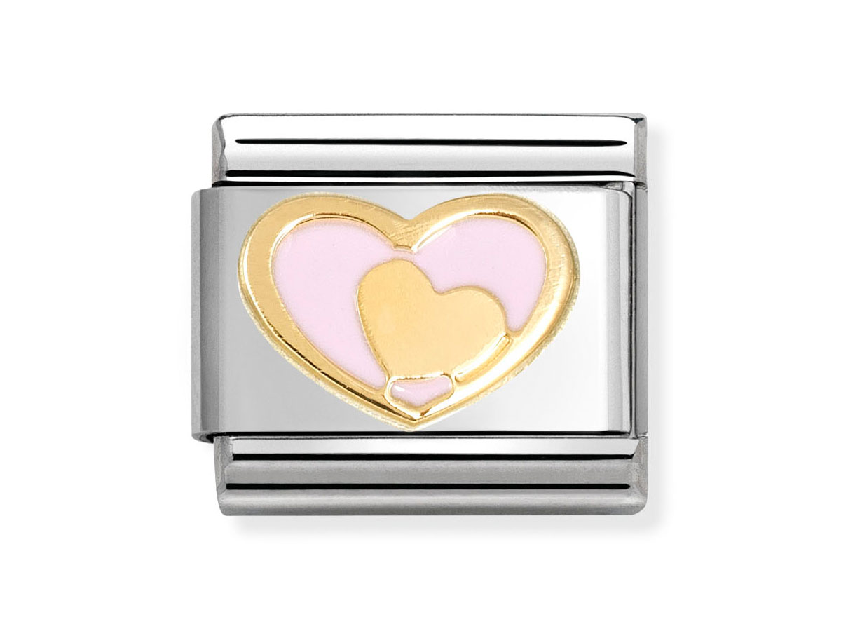 Ein elegantes Element aus 585 Gelbgold mit einer pinkfarbenen Emaille-Dekoration in Form von zwei ineinander verschlungenen Herzen, ideal für Schmuckliebhaber.