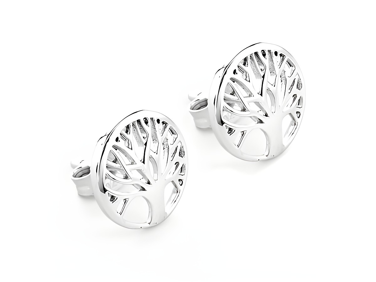 Lebensbaum Ohrstecker klassisch in Silber rhodiniert von Juwelier Harnisch, filigranes Design ohne Stein, ideal als elegantes Accessoire für verschiedene Anlässe.