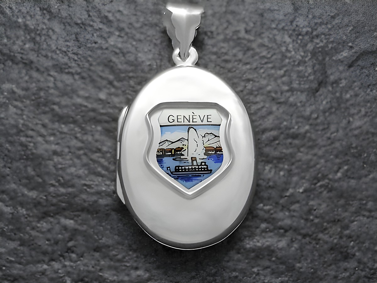 Silbermedaillon mit dem Motiv des Jet d'Eau in Genf, umgeben von den Alpen und dem Genfersee, Hersteller Juwelier Harnisch, ideal als Sammlerstück für Europa Medaillons.