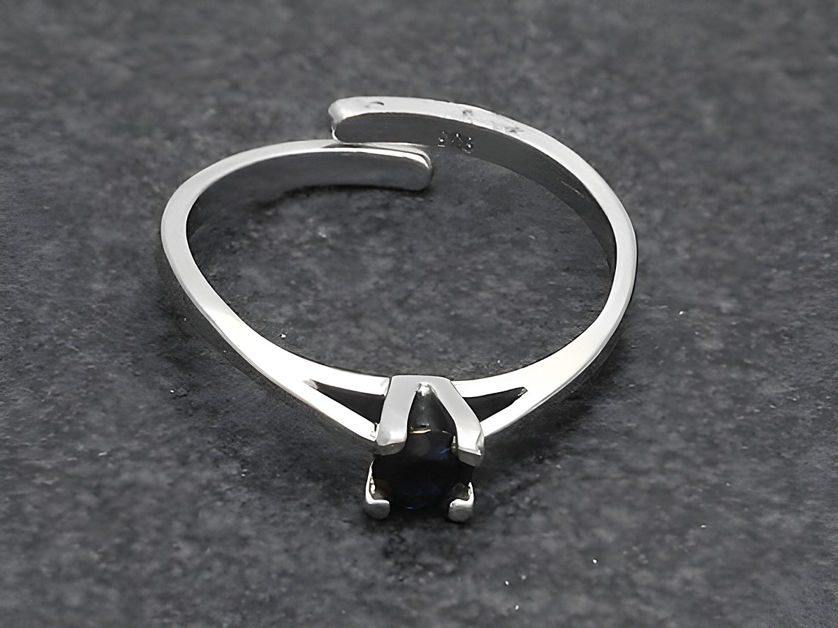 Schlichter Silberring in rhodiniertem Finish mit verstellbarer Größe, besetzt mit einem Saphir, hergestellt von Juwelier Harnisch.