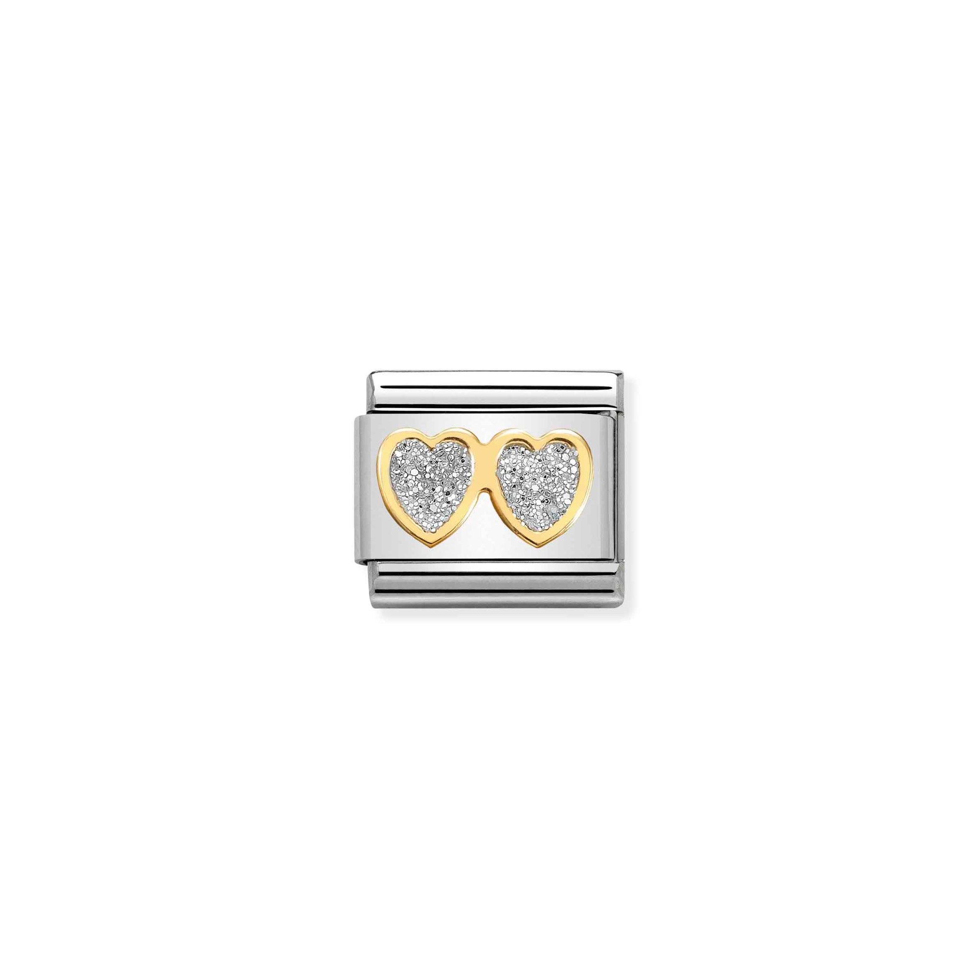 Nomination Composable Classic Charm Doppelherz Glitter - Edelstahl, Gelbgold, Emaille